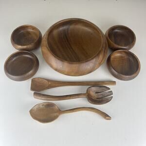 Monkey Pod Wood 8Pc Set Large Serving Bowl 4 Smaller Bowls 3 Utensils
